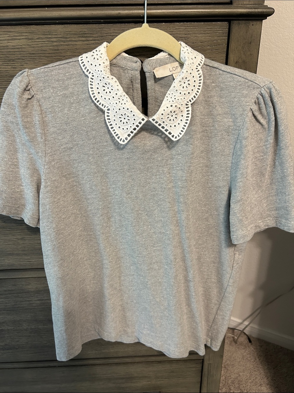 LOFT Gray Knit Top with White Eyelet Collar